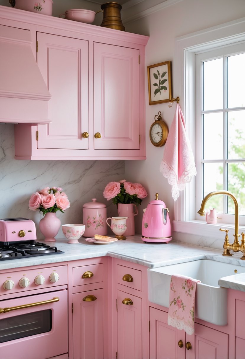 A bright kitchen with pink cabinets, a marble countertop, pink kitchen appliances, floral dishware, and fresh flowers on the counter.