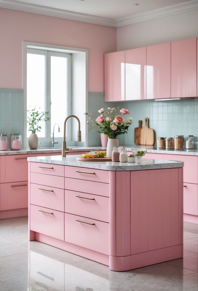 A modern kitchen with pink cabinets and a pink island countertop, featuring kitchen accessories and natural light.