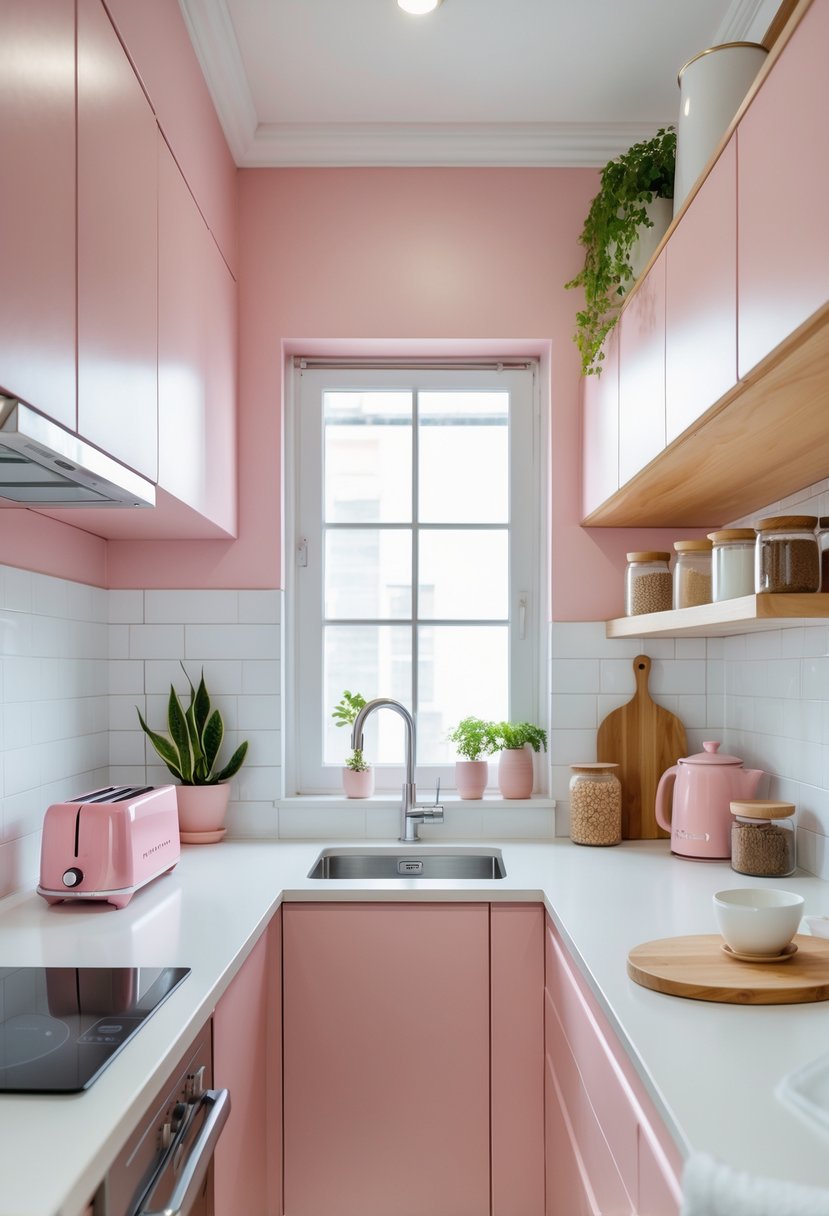 A small kitchen with pink cabinets, white countertops, kitchen accessories, and natural light coming through a window.
