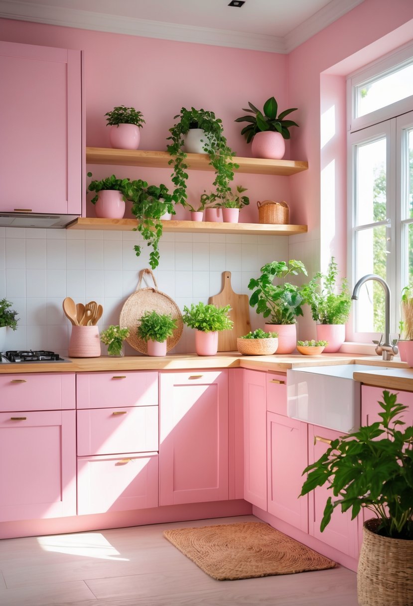 A bright kitchen with pink cabinets and natural green plants on the countertops and shelves.