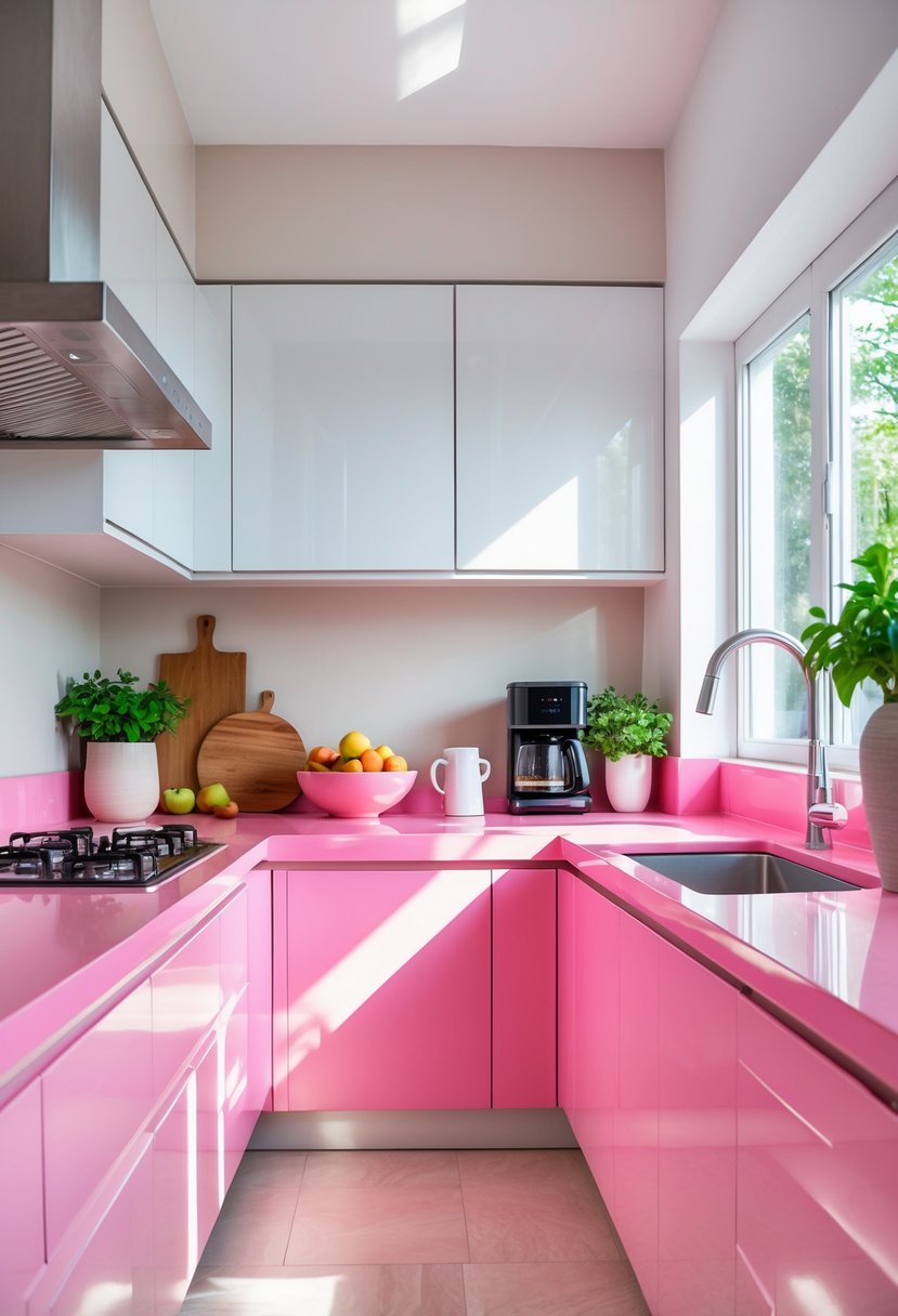 A bright kitchen with pink countertops, white cabinets, stainless steel appliances, and various kitchen accessories on the counters.