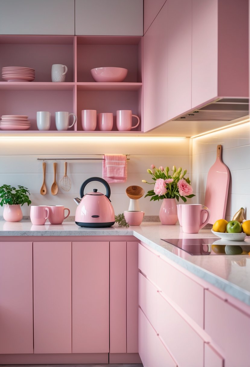 A bright kitchen with pink cabinets and accessories, including a kettle, mugs, and fresh flowers on the countertop.