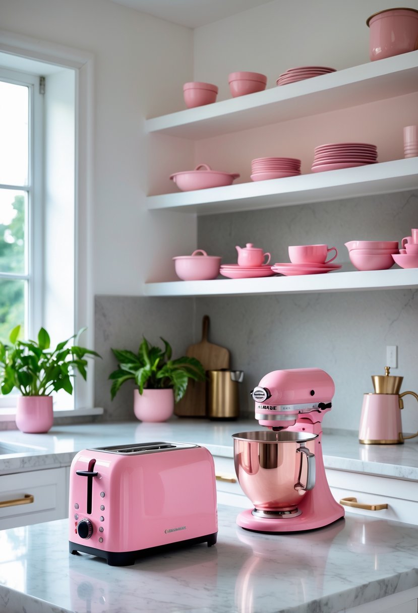 A modern kitchen with pink appliances including a toaster, stand mixer, and kettle on a white countertop, surrounded by white cabinets and green plants.