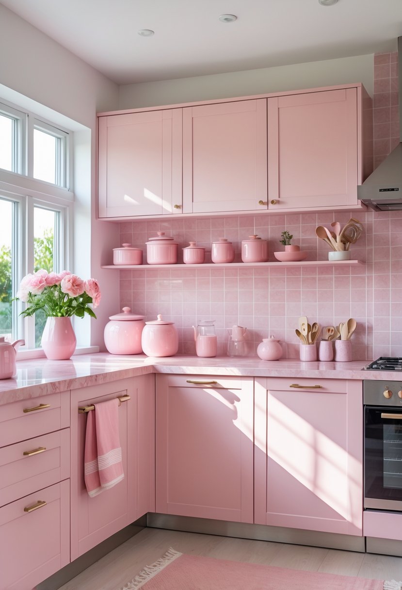 A bright kitchen with pink cabinets, pink accessories on the countertops and shelves, and natural light coming through large windows.