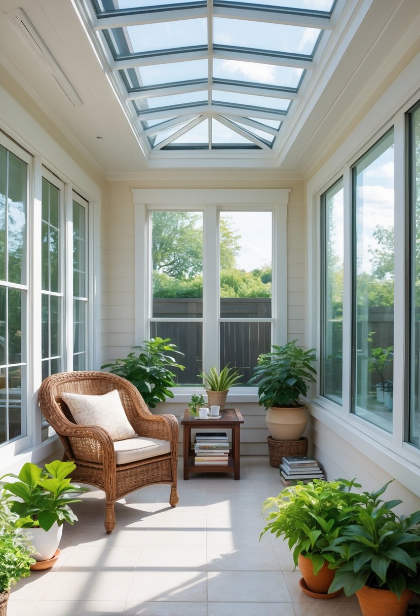 A small enclosed patio converted into a sunroom with large windows, comfortable seating, and several green plants.