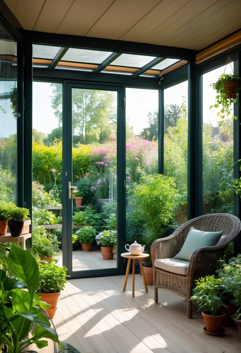 A small enclosed patio converted into a sunroom with large windows, plants, a wicker chair, and a wooden coffee table overlooking a garden.