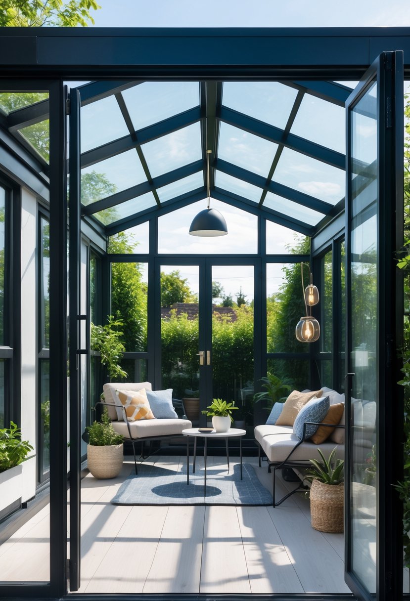 Small enclosed patio converted into a bright glass sunroom with seating and plants.