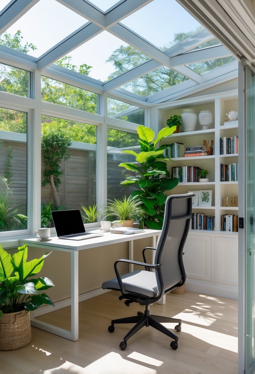 A small enclosed patio converted into a sunroom home office with a desk, chair, plants, and bookshelves filled with books.