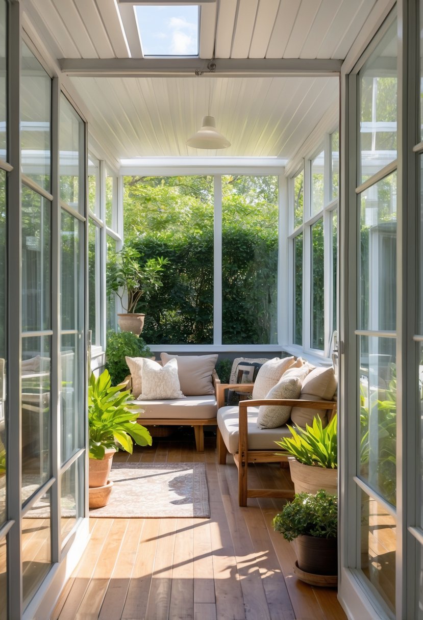 A small enclosed patio with large windows, comfortable seating, and plants, filled with natural light.