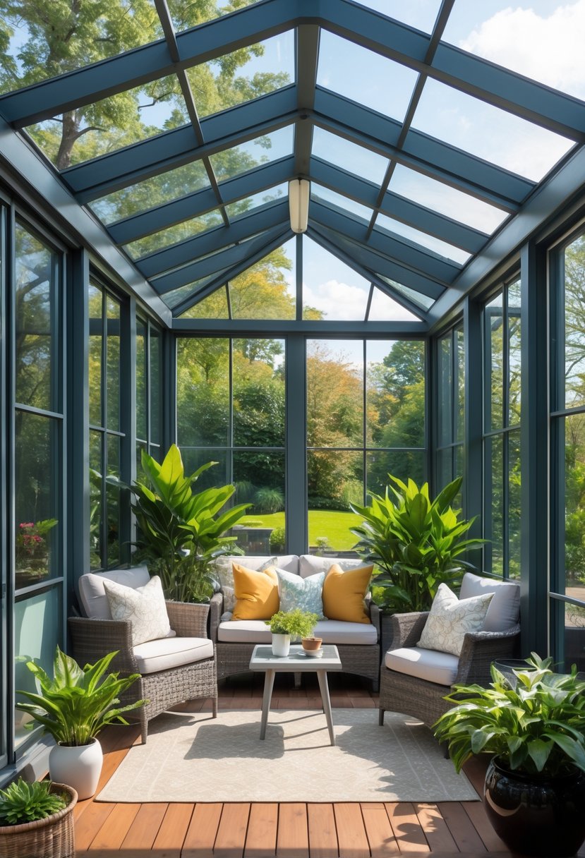 A small enclosed patio converted into a sunroom with large windows, comfortable seating, and plants, filled with natural light.