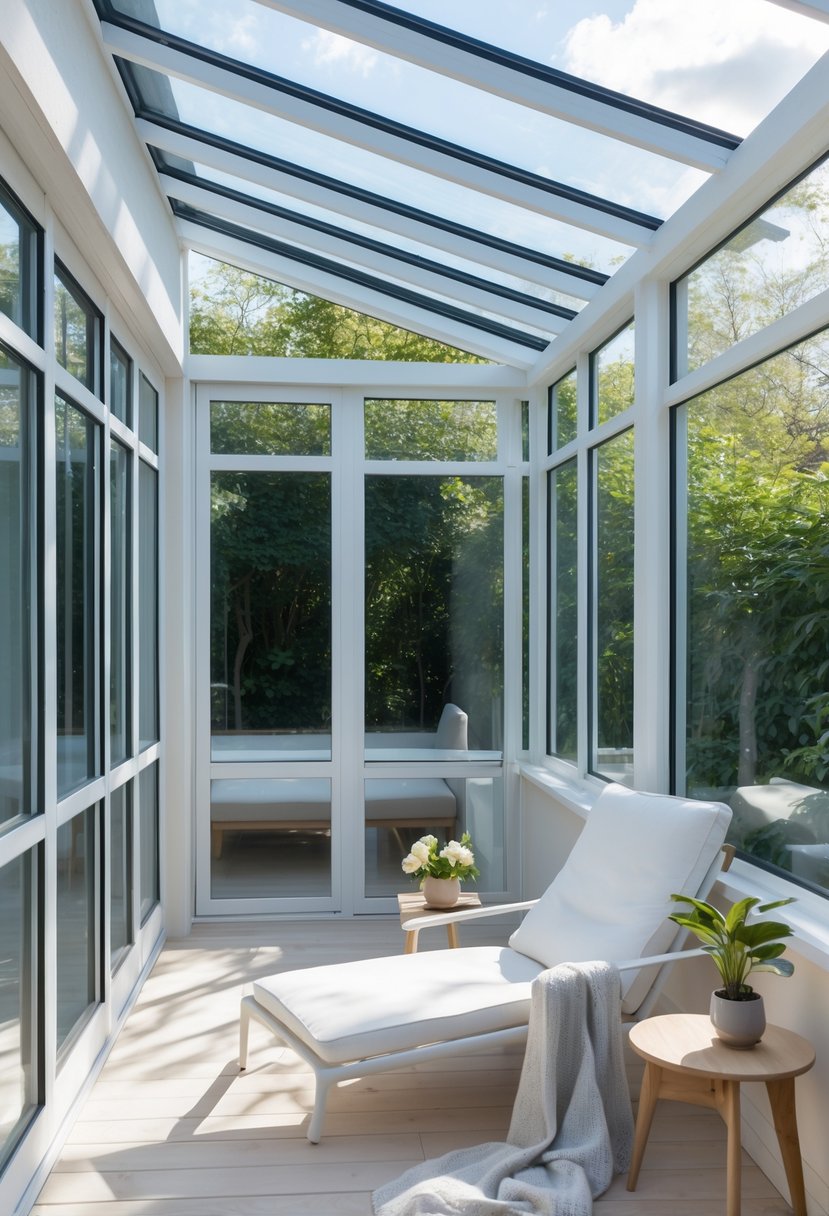 A small enclosed patio converted into a sunroom with large windows, a lounge chair, a side table with a plant, and natural sunlight filling the space.