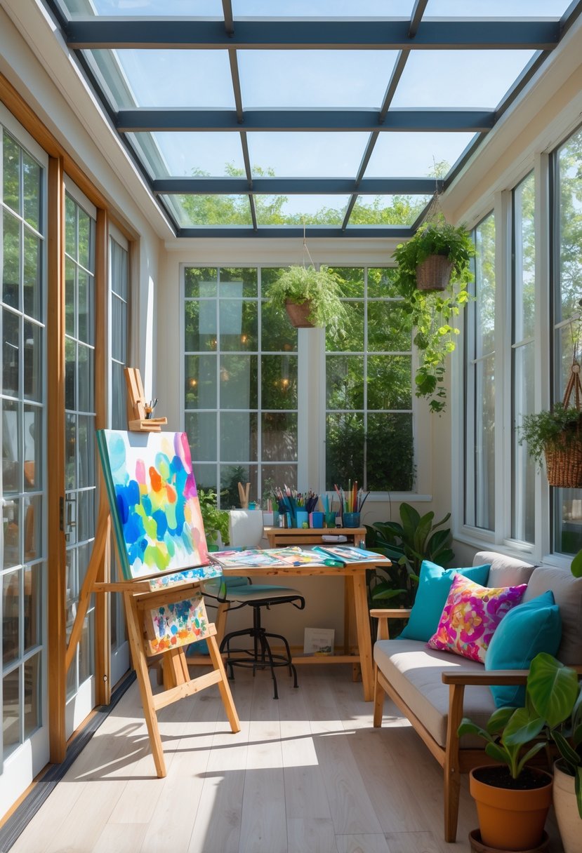 A small enclosed patio converted into a sunroom art studio with large windows, an easel with a painting, art supplies on a table, seating, and plants.