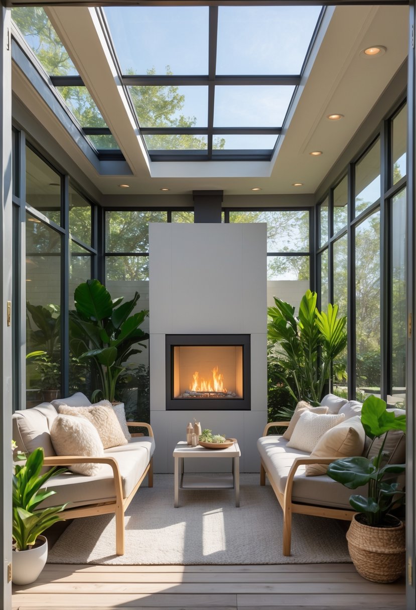 A small enclosed patio converted into a sunroom with a modern fireplace, comfortable seating, plants, and large windows letting in sunlight.