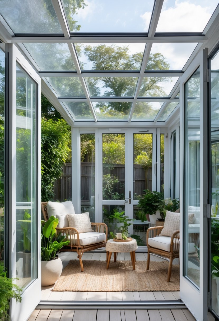 A small enclosed patio converted into a bright sunroom with large glass windows, comfortable seating, and plants.