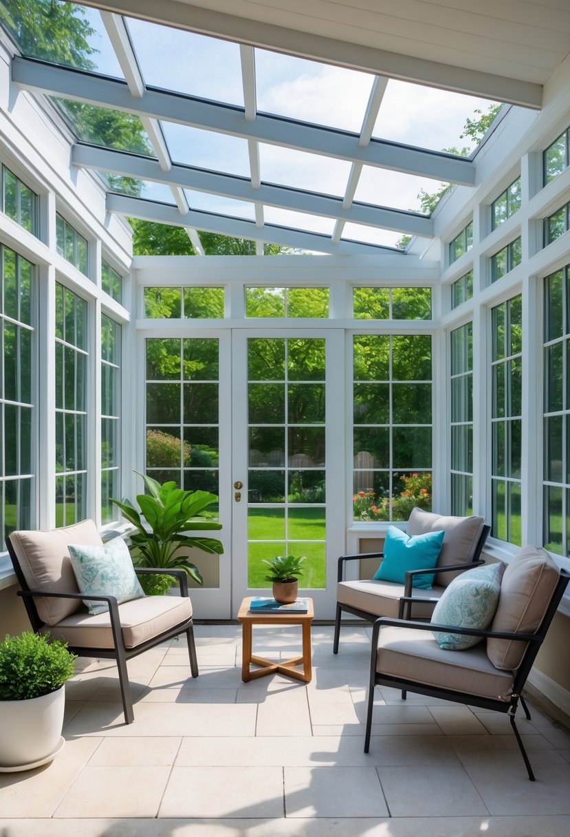 A small enclosed patio converted into a sunroom with large windows, comfortable seating, and natural light flooding the space.