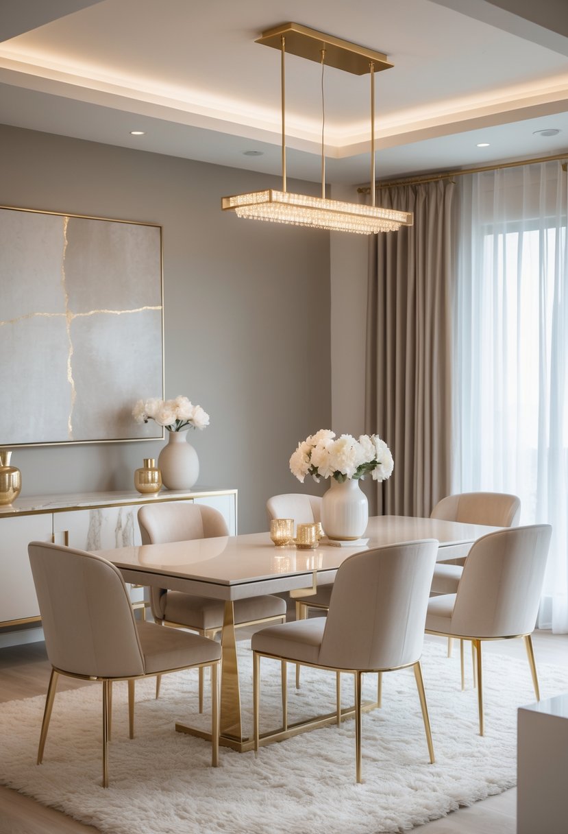 A dining room with a rectangular table surrounded by six beige chairs, a chandelier overhead, a sideboard with decorative items, and large windows letting in natural light.