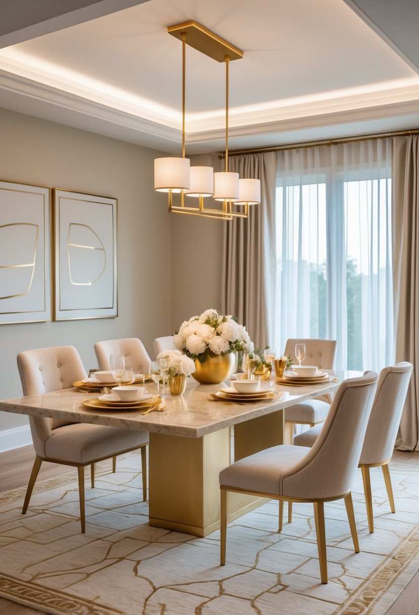 A dining room with a beige marble table, six upholstered chairs, a gold chandelier, neutral walls, floral centerpiece, and large windows with sheer curtains.