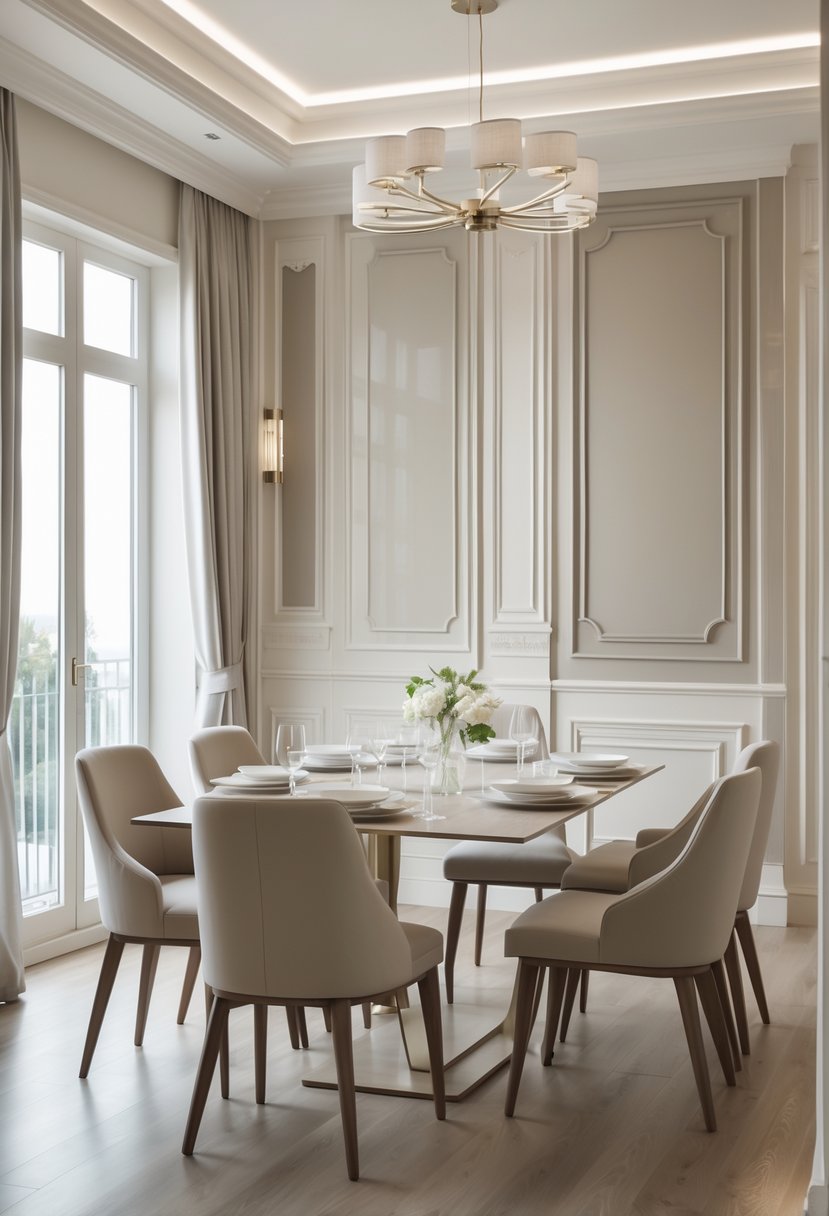 A dining room with a neutral color scheme, featuring a dining table with chairs, elegant wall panels, and soft natural lighting.
