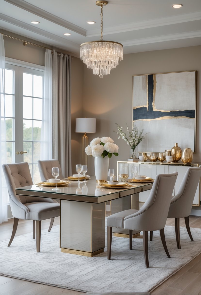 A dining room with a glossy table surrounded by upholstered chairs, large windows with sheer curtains, a chandelier overhead, and decorative elements including flowers and table settings.