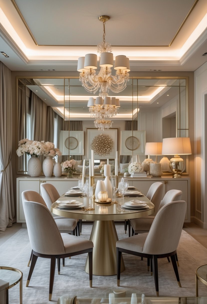 A dining room with a large table, chairs, and decorative mirrors on the walls reflecting light and creating depth.