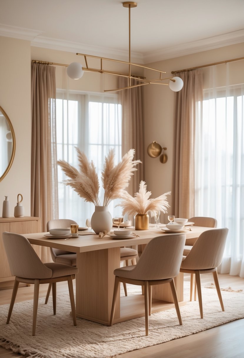 A dining room with a light wood table, beige upholstered chairs, natural light from large windows, and warm neutral decor including a floral centerpiece and soft lighting.