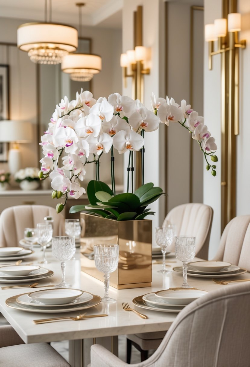 A dining table set with tableware and a vase of orchids in a well-lit dining room.