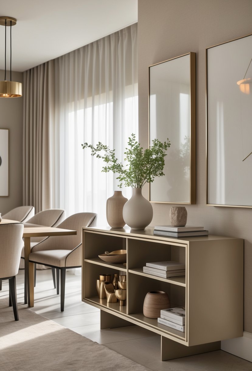 A dining room with a wooden dining table, upholstered chairs, and a console table with decorative items against a neutral wall.