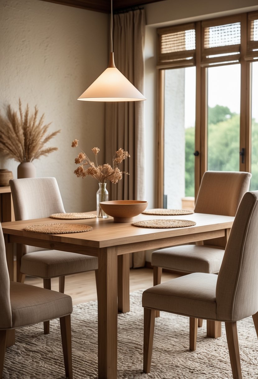 A cozy dining room with a wooden table, upholstered chairs, warm lighting, and natural decor.
