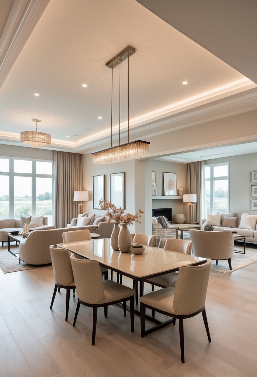 An open dining and living room with a dining table, chairs, sofa, coffee table, and large windows letting in natural light.