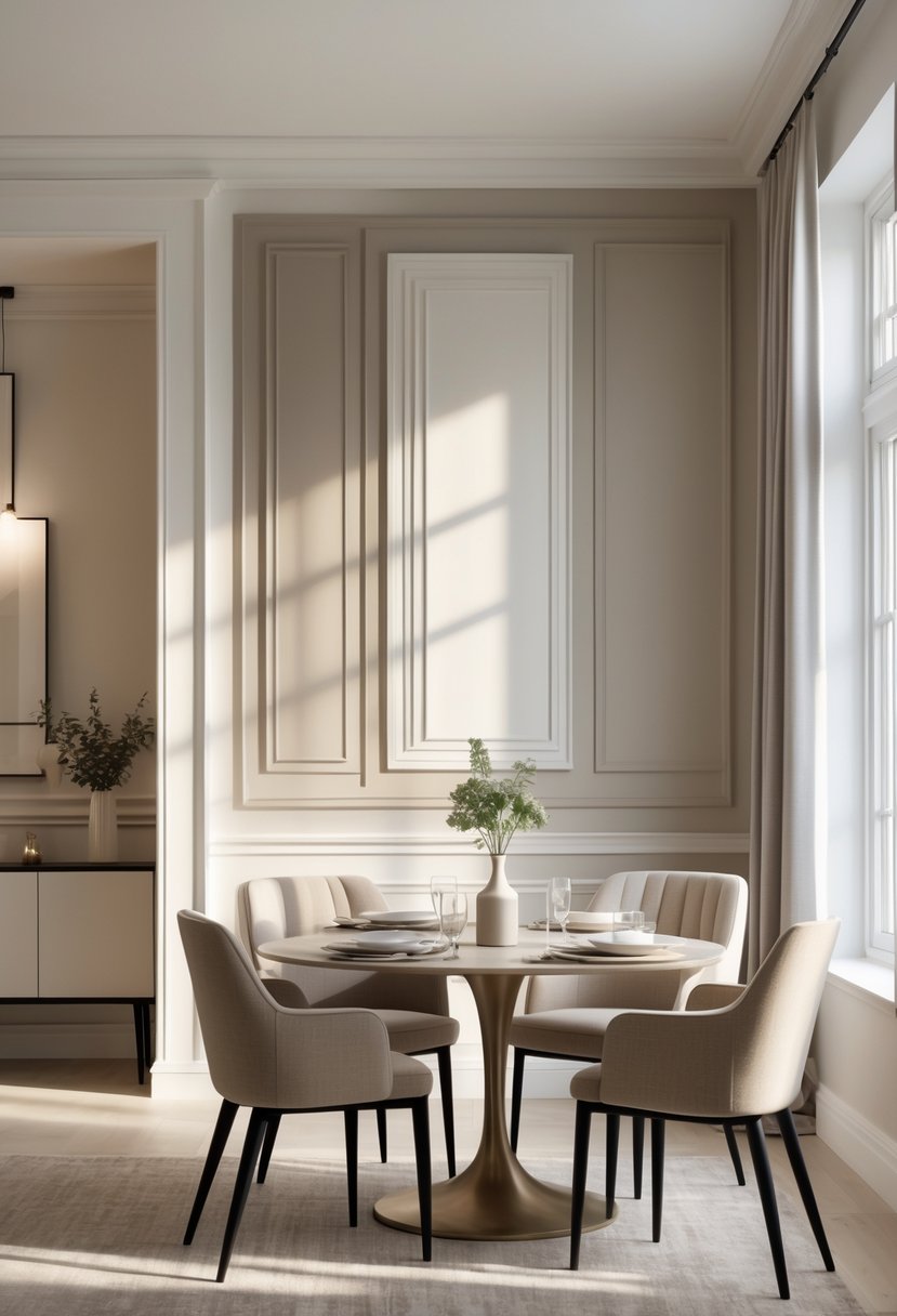 Dining area with a table and chairs in front of a wall featuring decorative panelling.