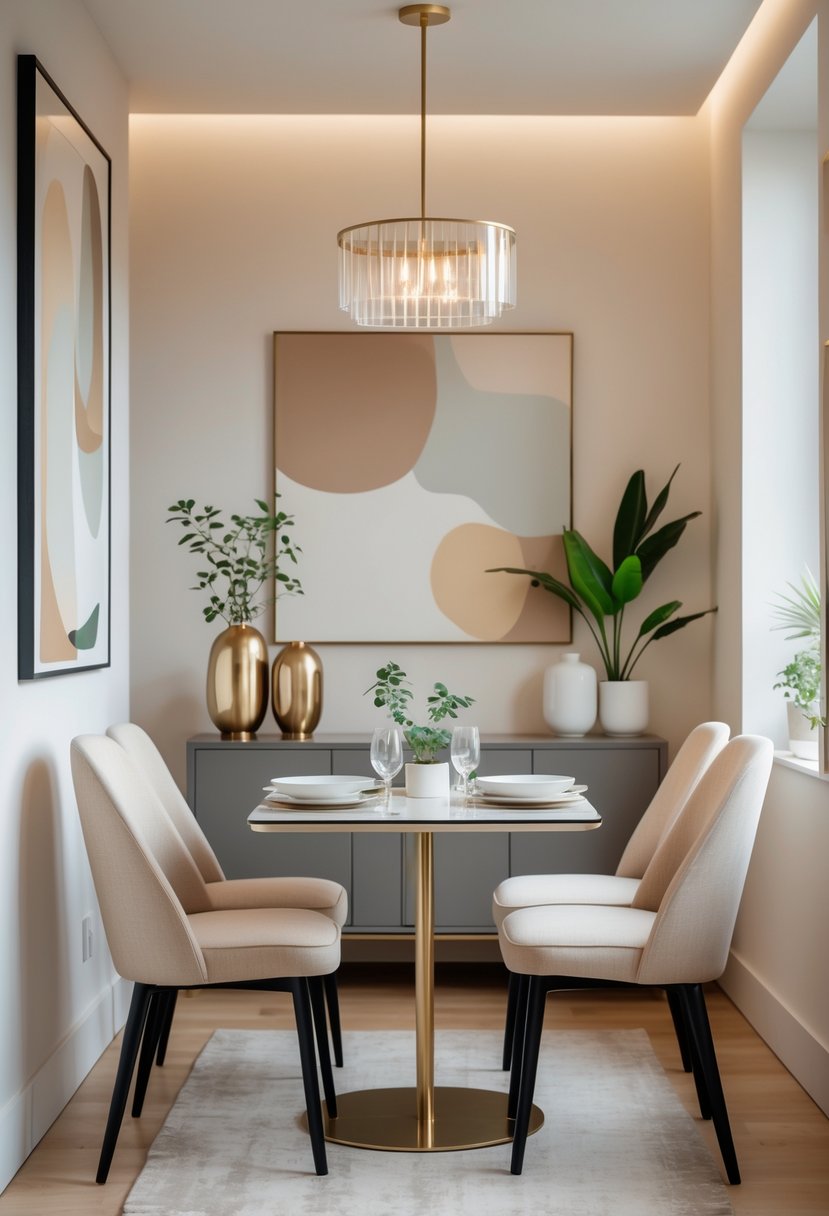 Small dining area with a table set for four, surrounded by chairs, soft natural lighting, decorative plants, and a sideboard with artwork.