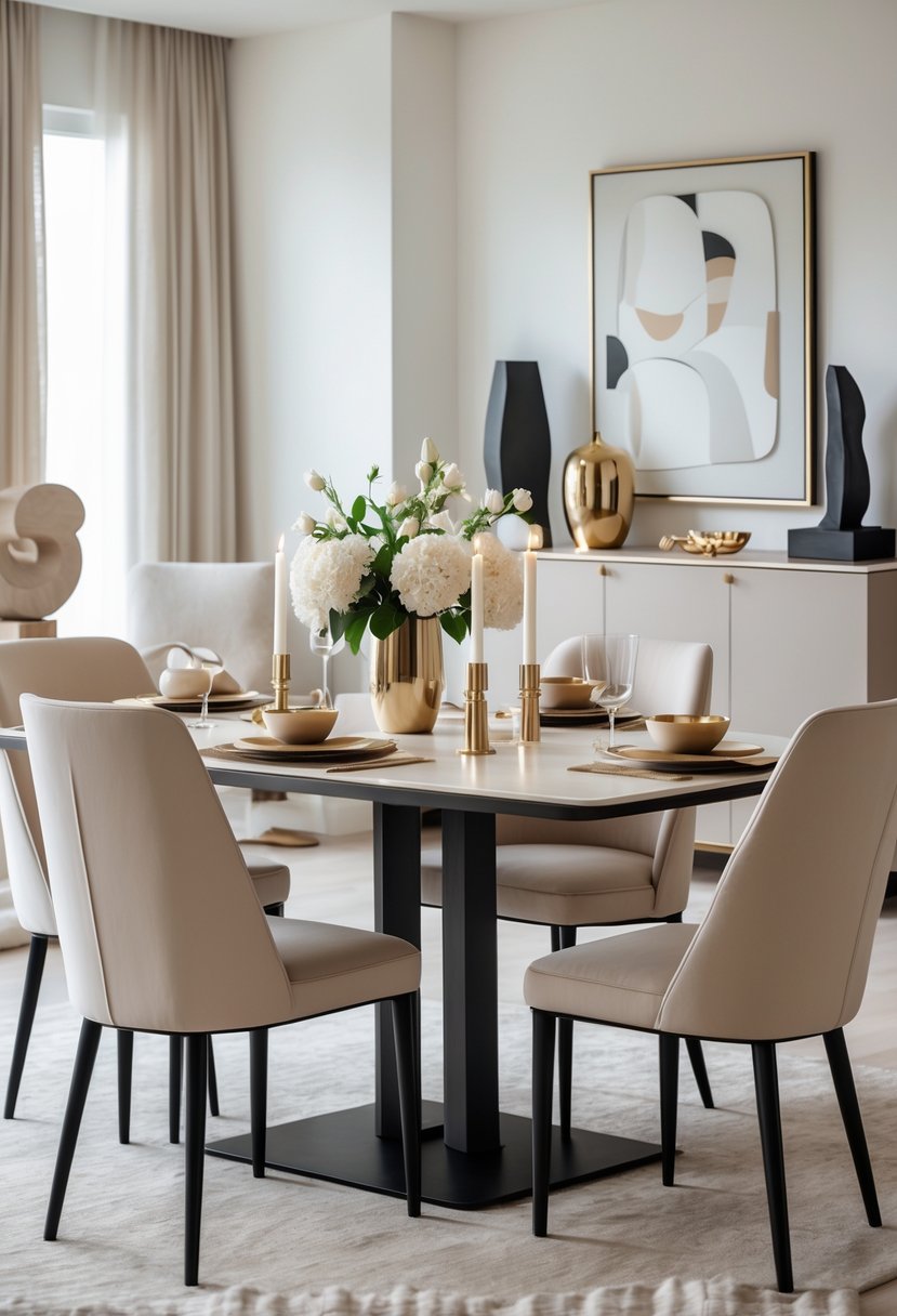 A modern dining room with a neutral color scheme, a dining table set with decorative accessories, and natural light coming through large windows.