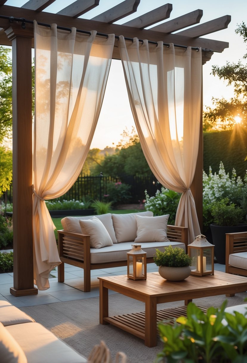 Outdoor patio with sheer curtains hanging from a pergola, comfortable seating, and plants in a garden setting.