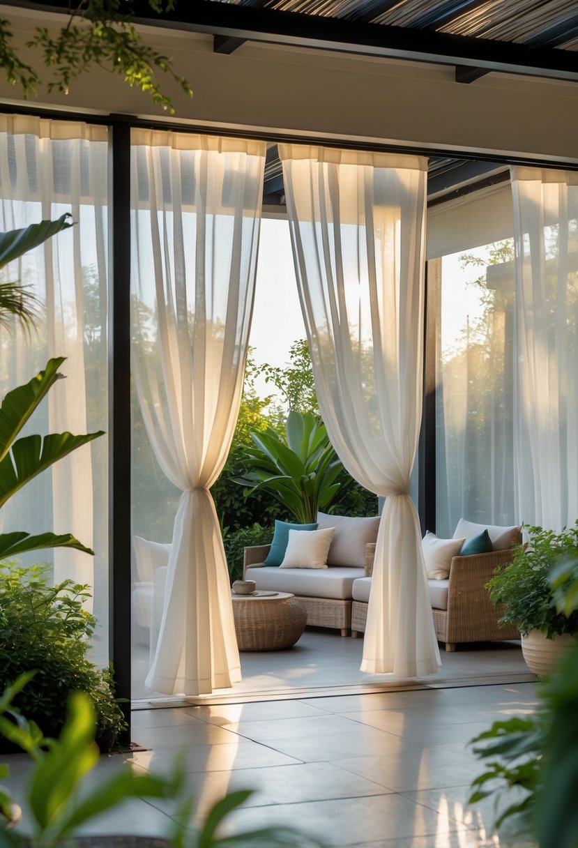 Outdoor patio with sheer curtains flowing gently, surrounded by plants and comfortable seating.