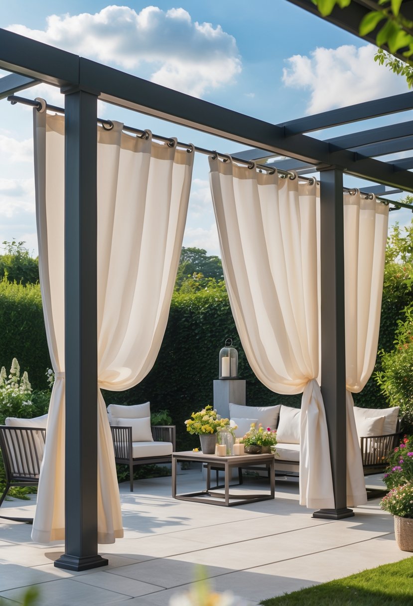 Outdoor patio with waterproof curtains hanging from a pergola, surrounded by garden plants and outdoor furniture.