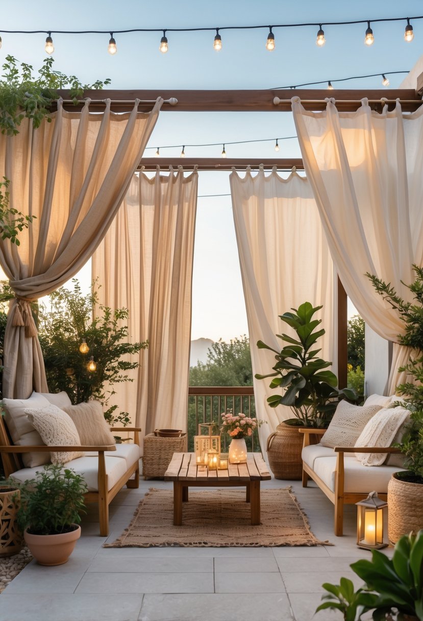 Outdoor patio with flowing curtains, wooden furniture, plants, and soft natural light creating a peaceful setting.