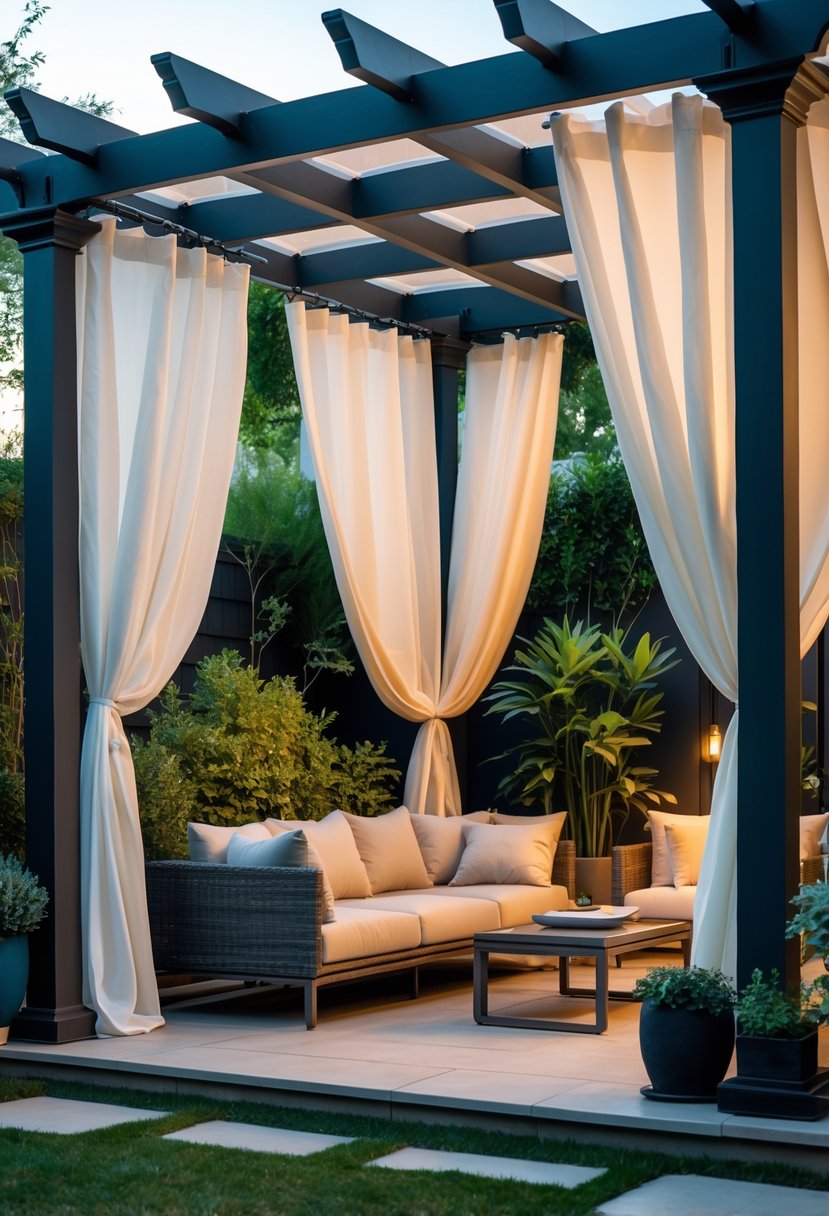Outdoor patio with privacy curtains, comfortable seating, and surrounding greenery creating a peaceful retreat.