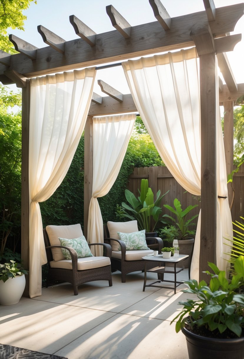 Outdoor patio with light curtains hanging from a wooden pergola over a seating area surrounded by plants.
