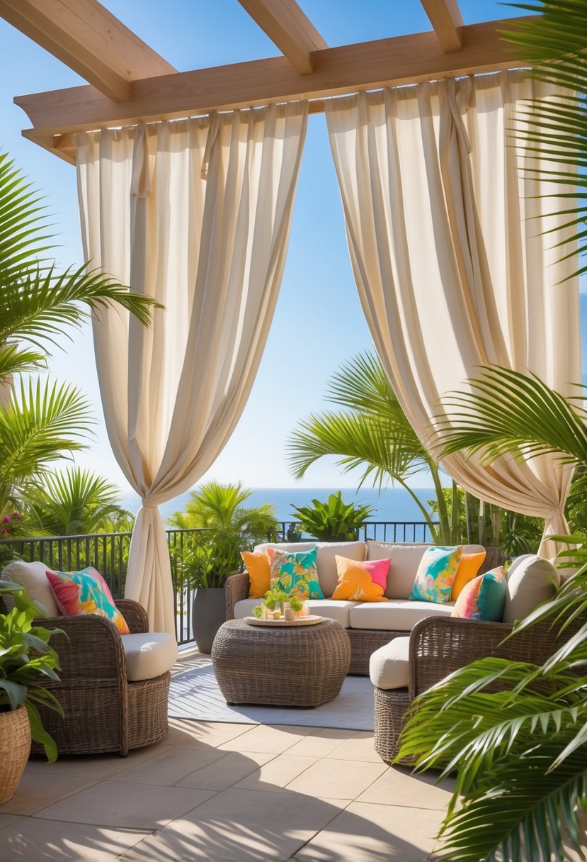 Outdoor patio with wicker furniture, tropical plants, and light curtains hanging from a wooden pergola on a sunny day.