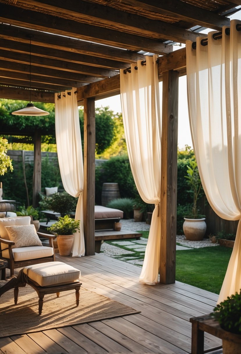 A wooden patio with white curtains hanging from a pergola, surrounded by plants and outdoor furniture.