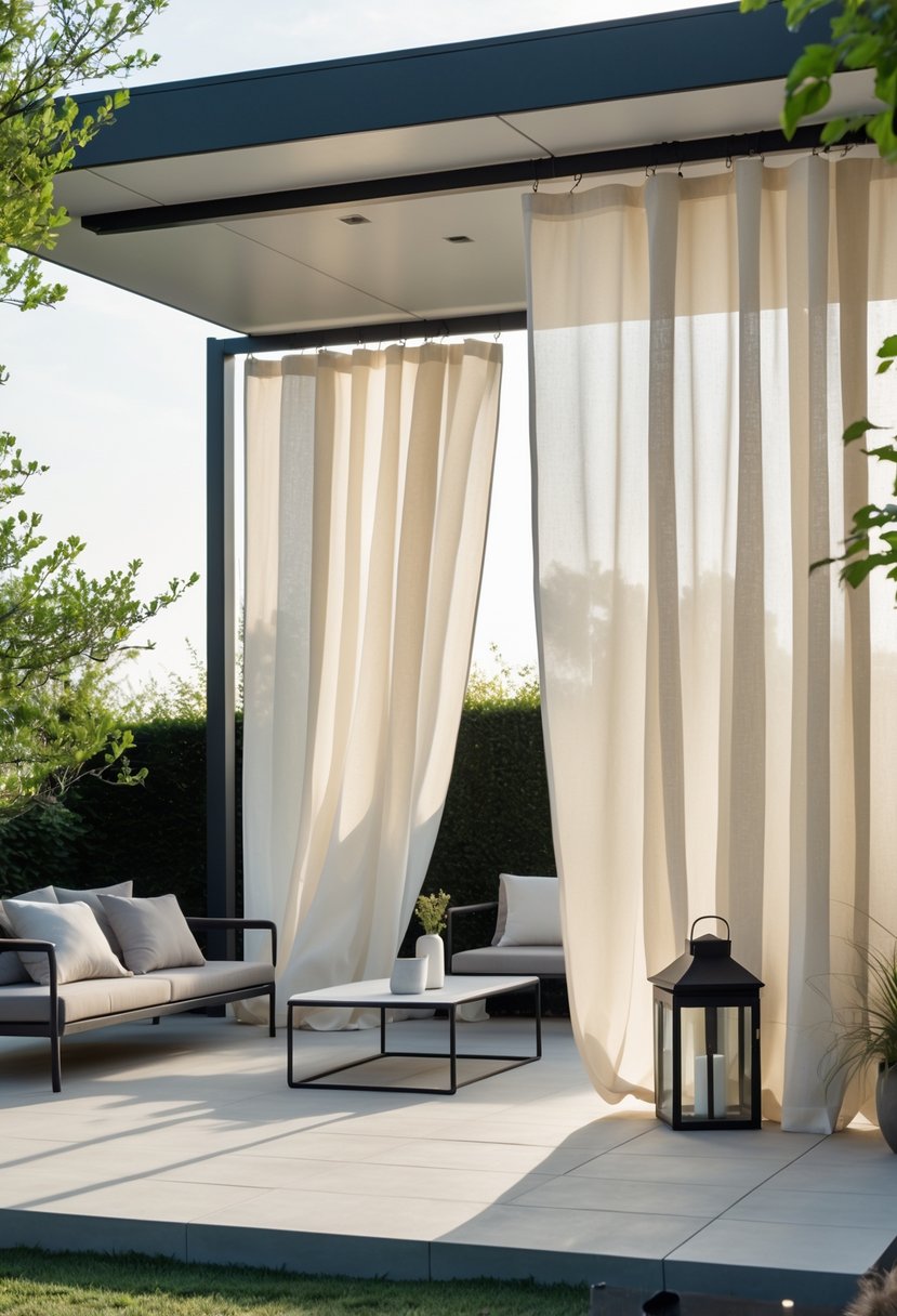 An outdoor patio with light curtains hanging from a frame, modern furniture, and greenery in the background.