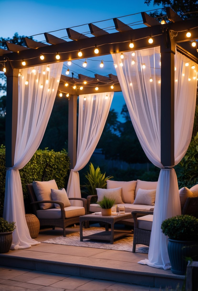 Outdoor patio at dusk with sheer curtains and string lights creating a warm, inviting seating area surrounded by plants.