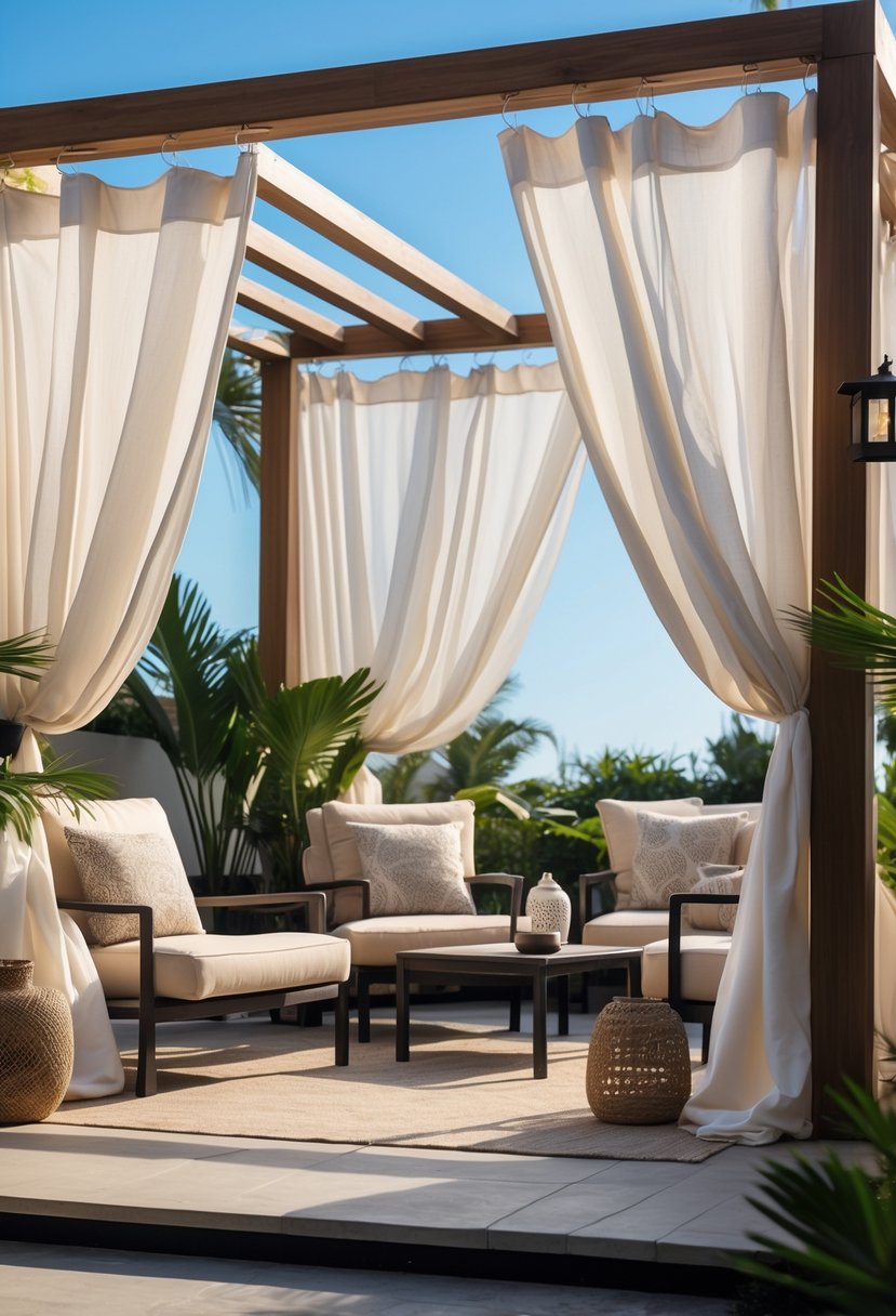Outdoor patio with seating area surrounded by flowing curtains and tropical plants under a clear sky.