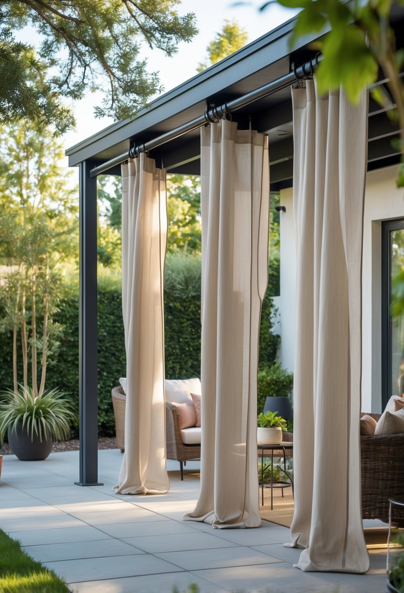 Outdoor patio with divider curtains separating seating areas surrounded by plants and garden greenery.