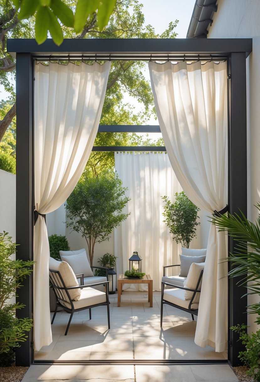 A small outdoor patio with white curtains, cushioned chairs, a wooden table, and green plants surrounding the area.