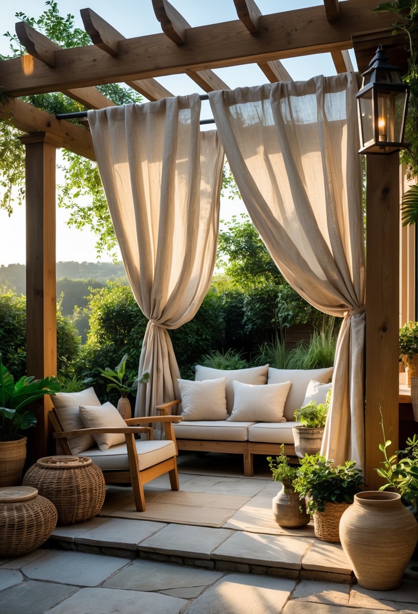 An outdoor patio with wooden furniture and light curtains hanging from a pergola surrounded by plants.