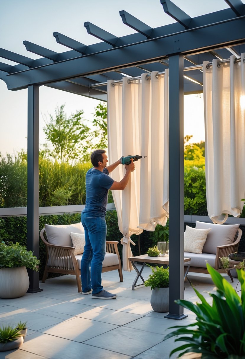 A person installing patio curtains on an outdoor pergola surrounded by furniture and plants.