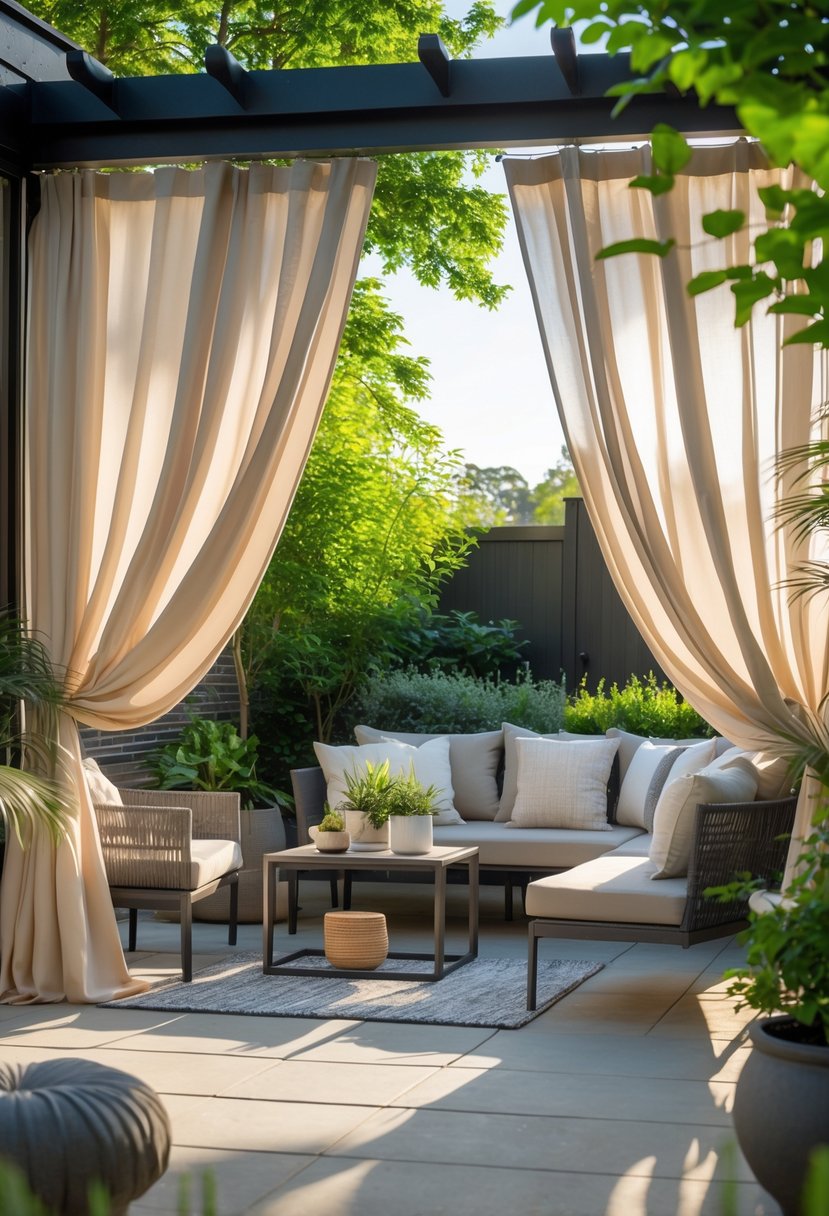 Outdoor patio with flowing curtains, comfortable seating, plants, and sunlight creating a cozy and inviting space.
