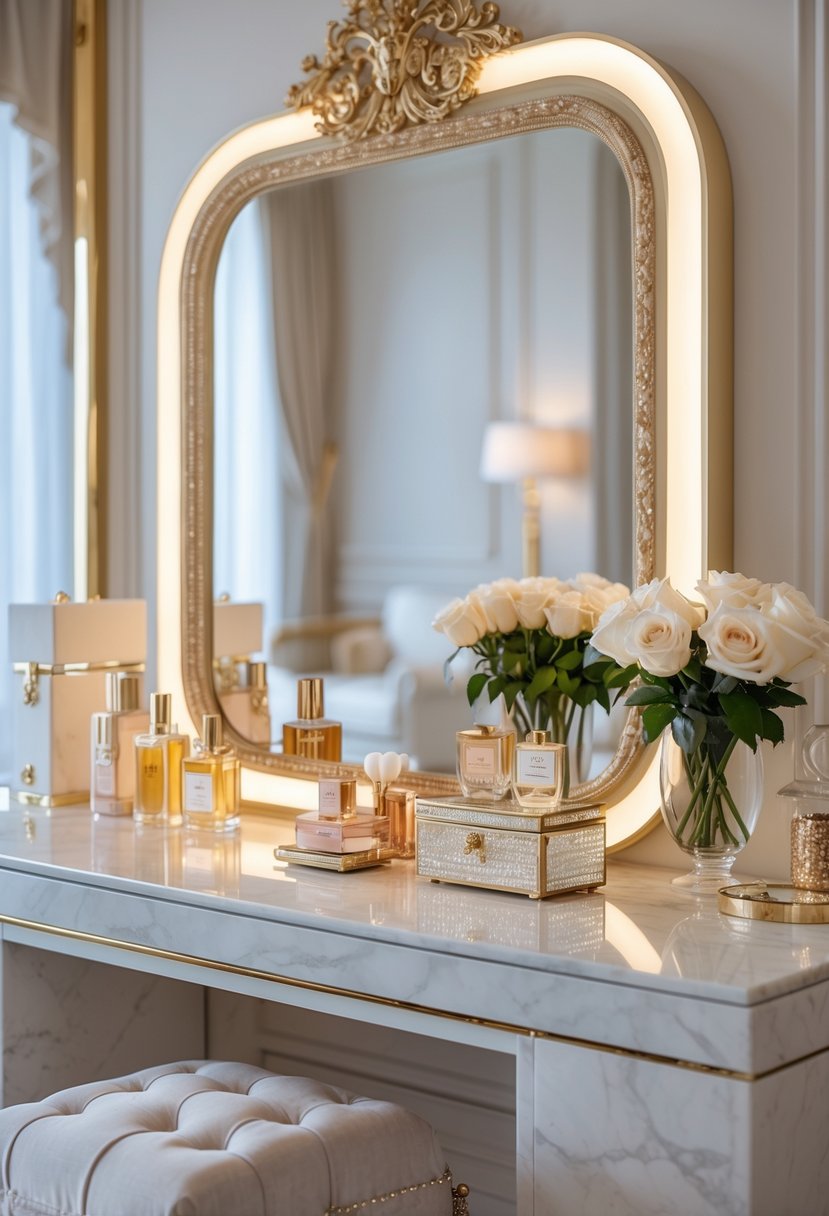 A luxury vanity table with a large mirror, beauty products, a jewelry box, fresh flowers, and a cushioned stool in a bright room.