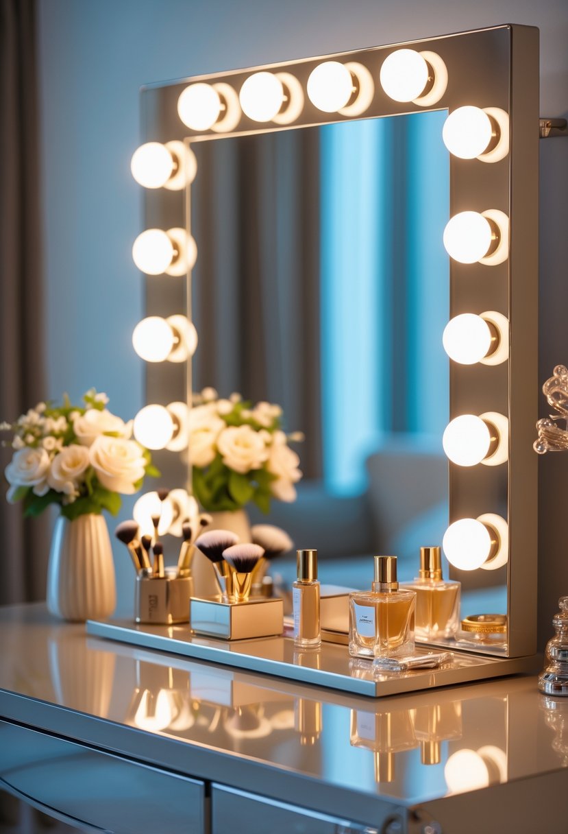 A luxurious vanity table with a lighted mirror, makeup brushes, perfume bottles, and flowers arranged on the surface.